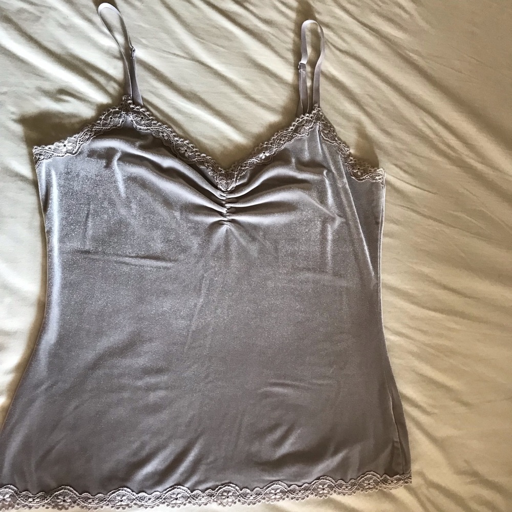 Feminine Grey Velvet Stretch Tank Top with Lace